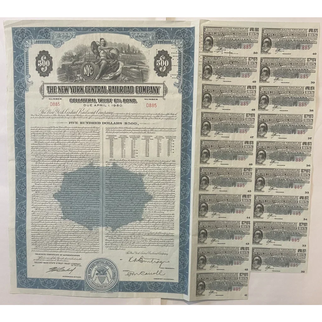 Rare 1955 New York Central Railroad Antique Vintage Gold Bond