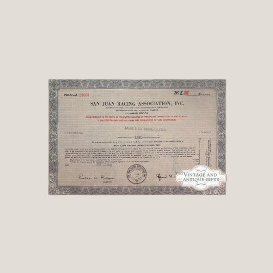 Rare 1960s San Juan Racing Stock Certificate Wall Art