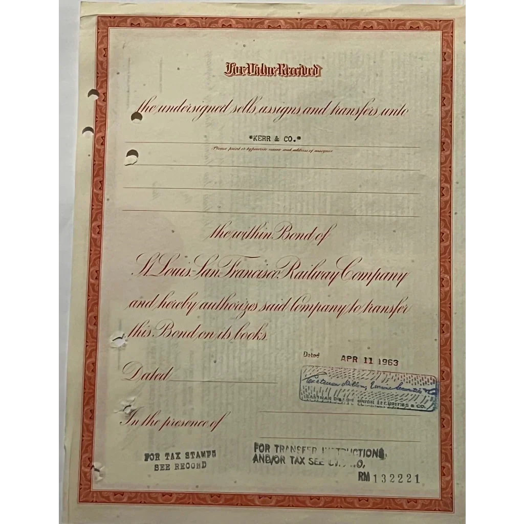 Rare 1963 St. Louis San Francisco Railway Gold Bond Certificate