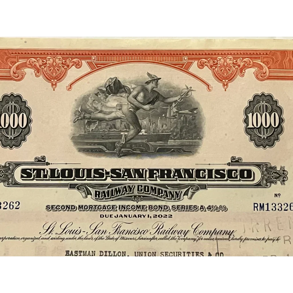 Rare 1963 St. Louis San Francisco Railway Gold Bond Certificate
