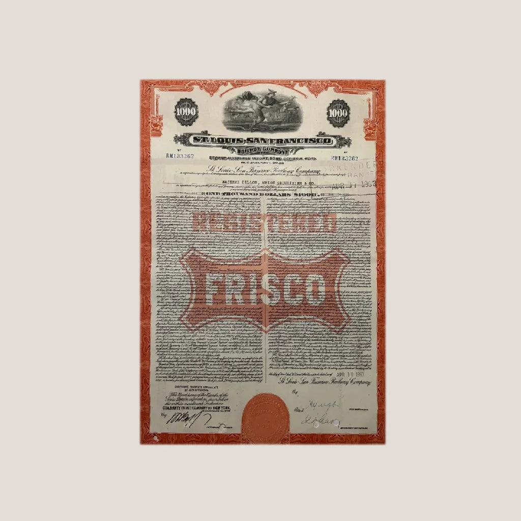 Rare 1963 St. Louis San Francisco Railway Gold Bond Certificate