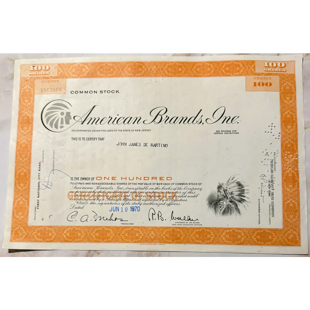 Rare 1970 American Brands Stock Certificate with Native American Art