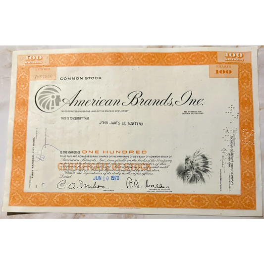 Rare 1970 American Brands Stock Certificate with Native American Art