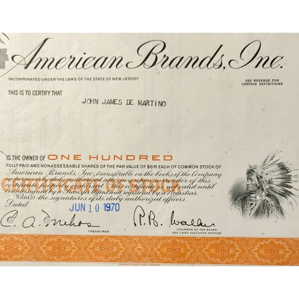 Rare 1970 American Brands Stock Certificate with Native American Art