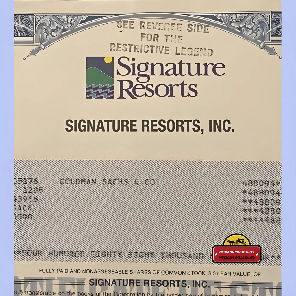 Rare 1997 Signature Resorts Stock Certificate from Vacation Giant