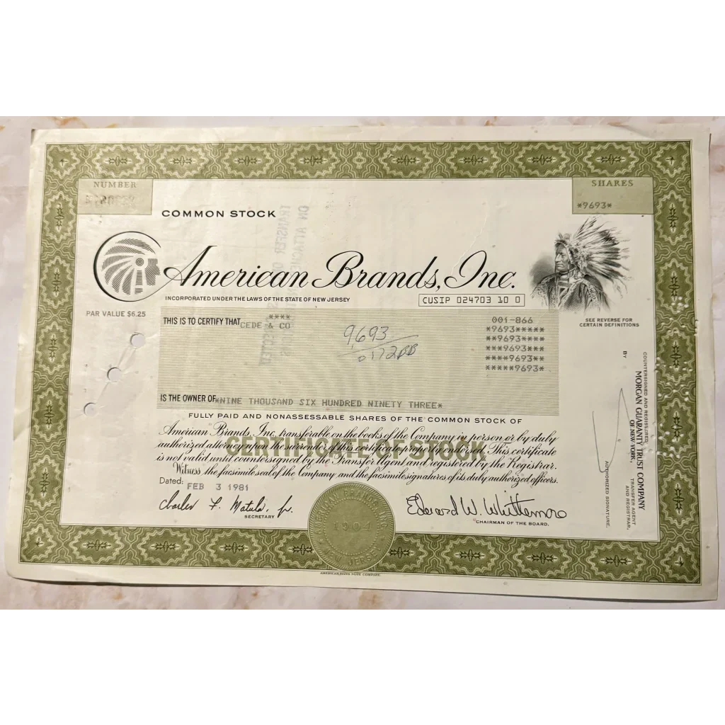 Rare American Brands Stock Certificate with Native American Art