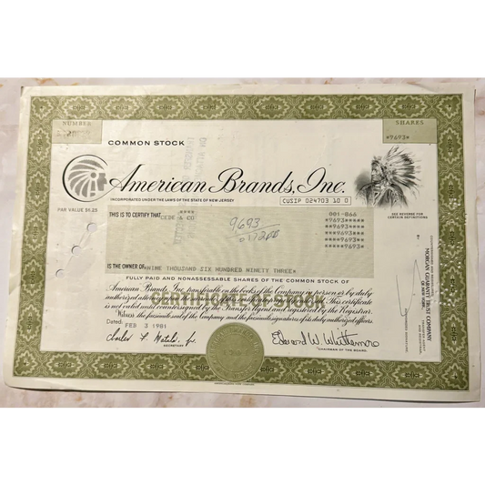 Rare American Brands Stock Certificate with Native American Art