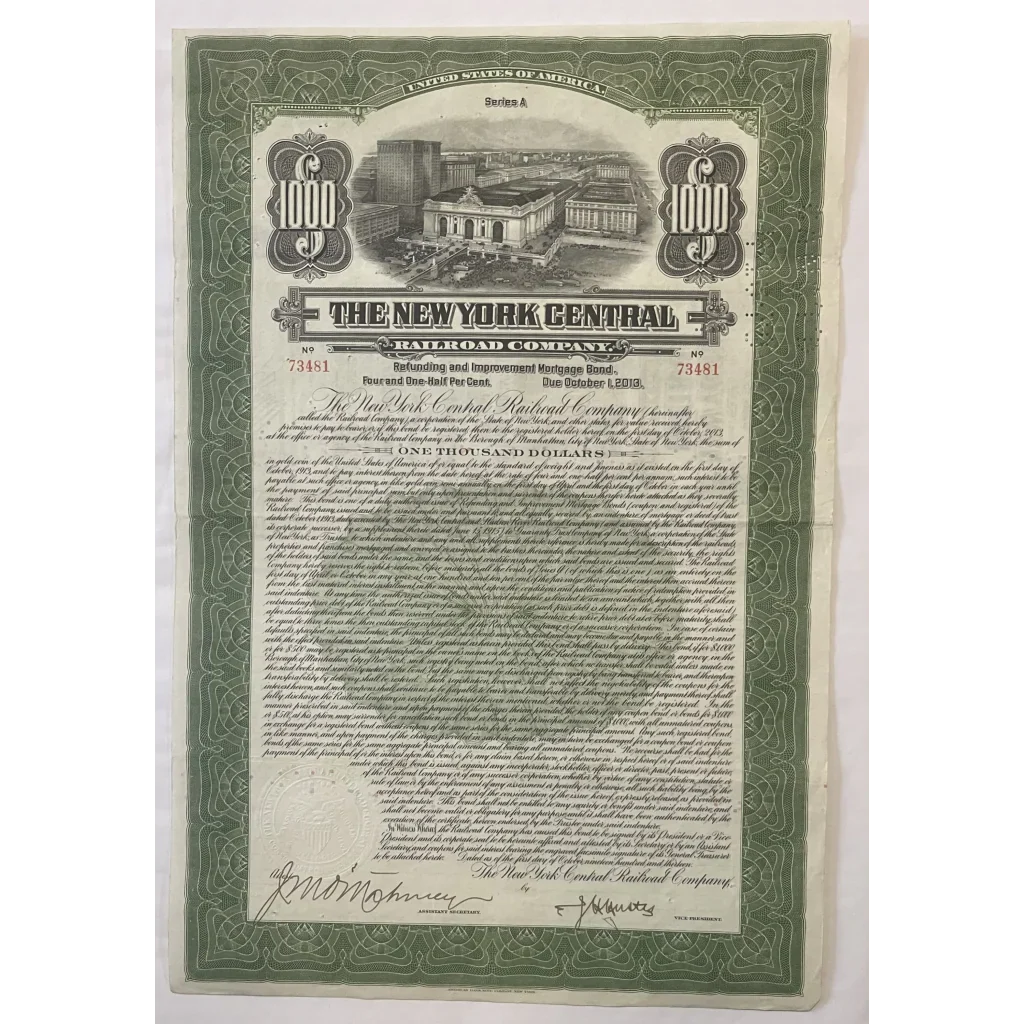 Rare 1913 New York Central Gold Bond Certificate with Grand Central