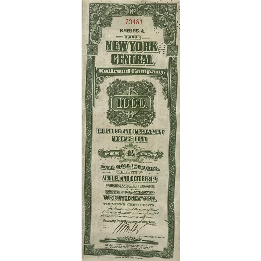 Rare 1913 New York Central Gold Bond Certificate with Grand Central