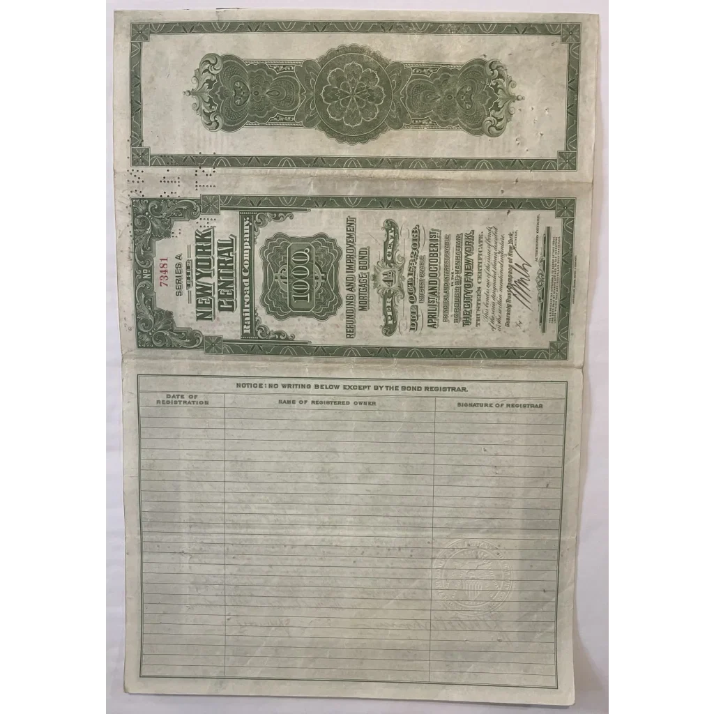 Rare 1913 New York Central Gold Bond Certificate with Grand Central
