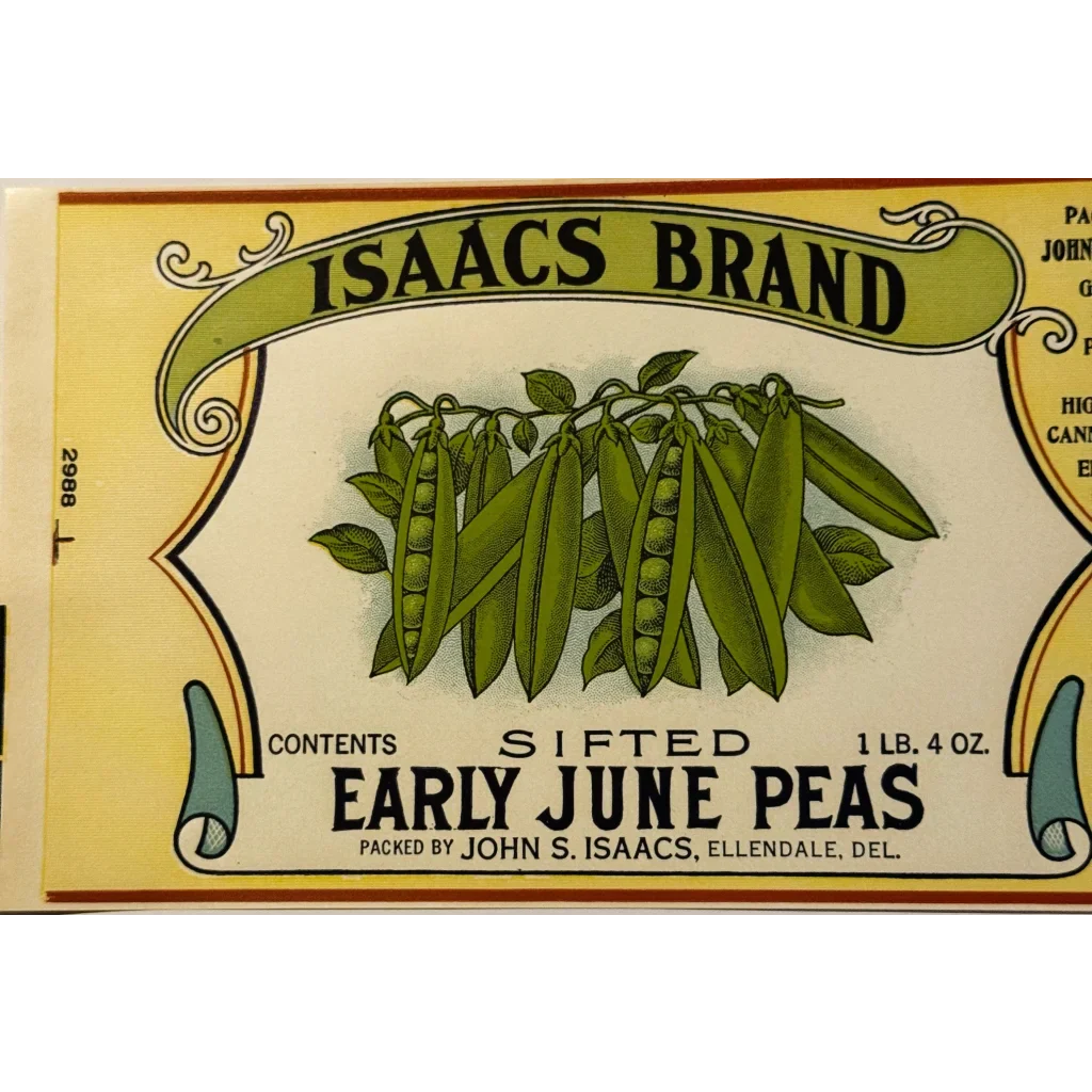 Rare Antique 1930s Isaacs Pea Can Label from Delaware