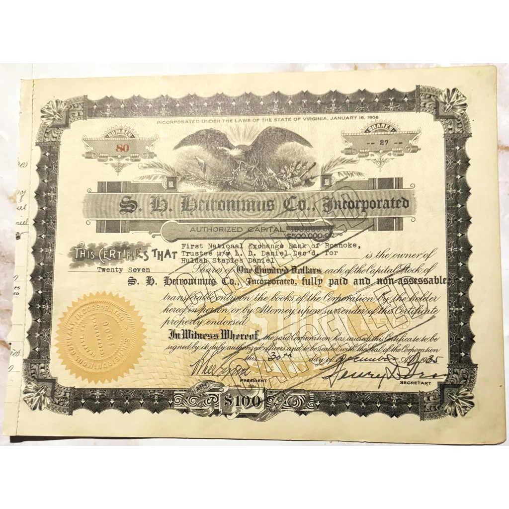 Rare Antique Heironimus Stock Certificate from Downtown Roanoke