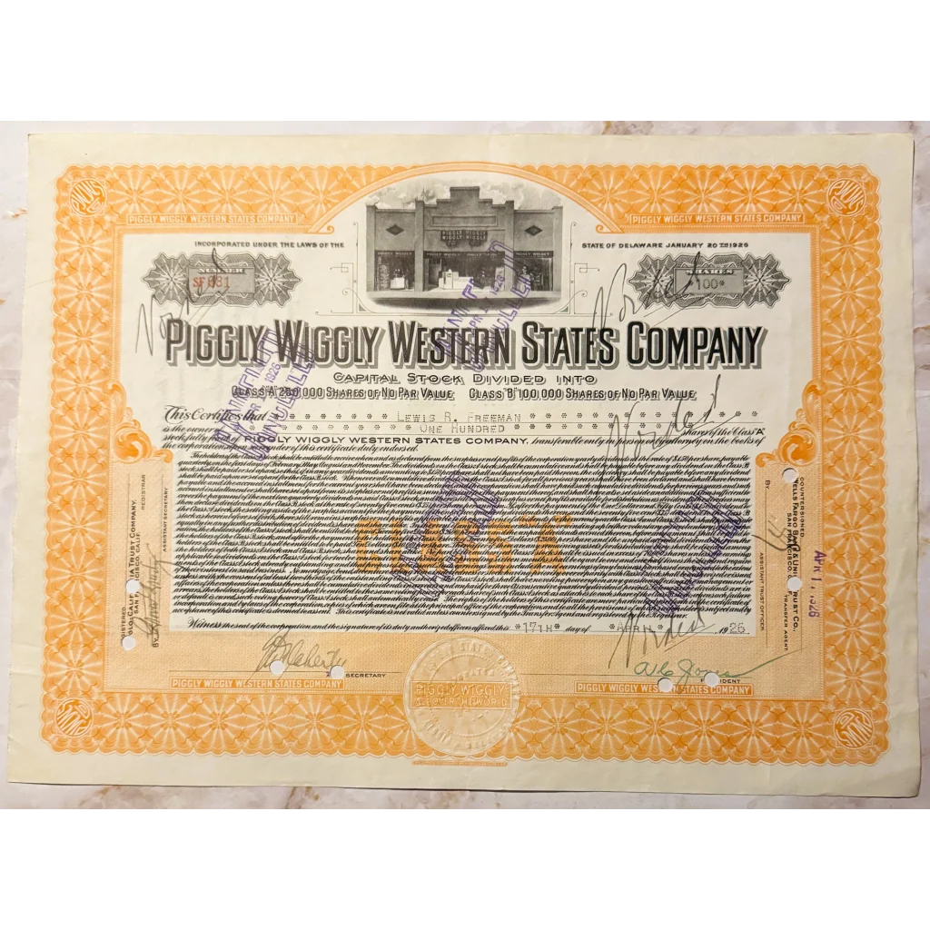 Rare Antique Piggly Wiggly Stock Certificate From 1916 Memphis