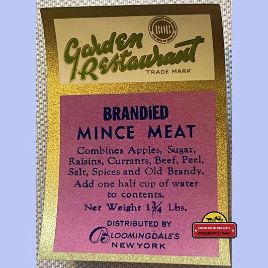 Rare Antique Golden Restaurant Mince Meat Label from Bloomingdales