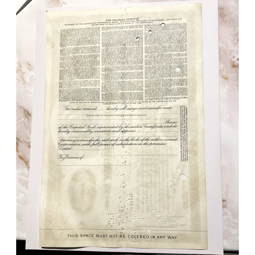 Rare Antique Vintage 1940s Erie Railroad Stock Certificate Brown
