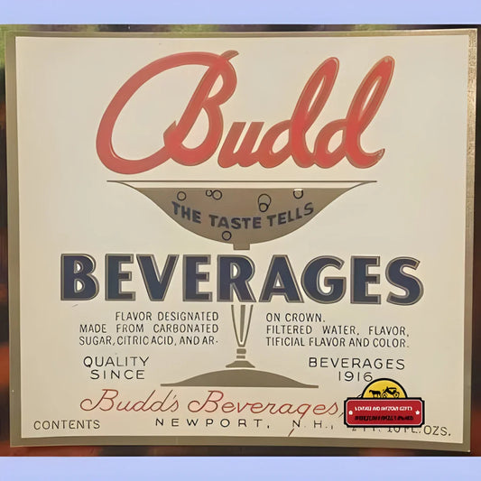 Rare Antique Vintage Budd Beverages Label from 1920s Newport