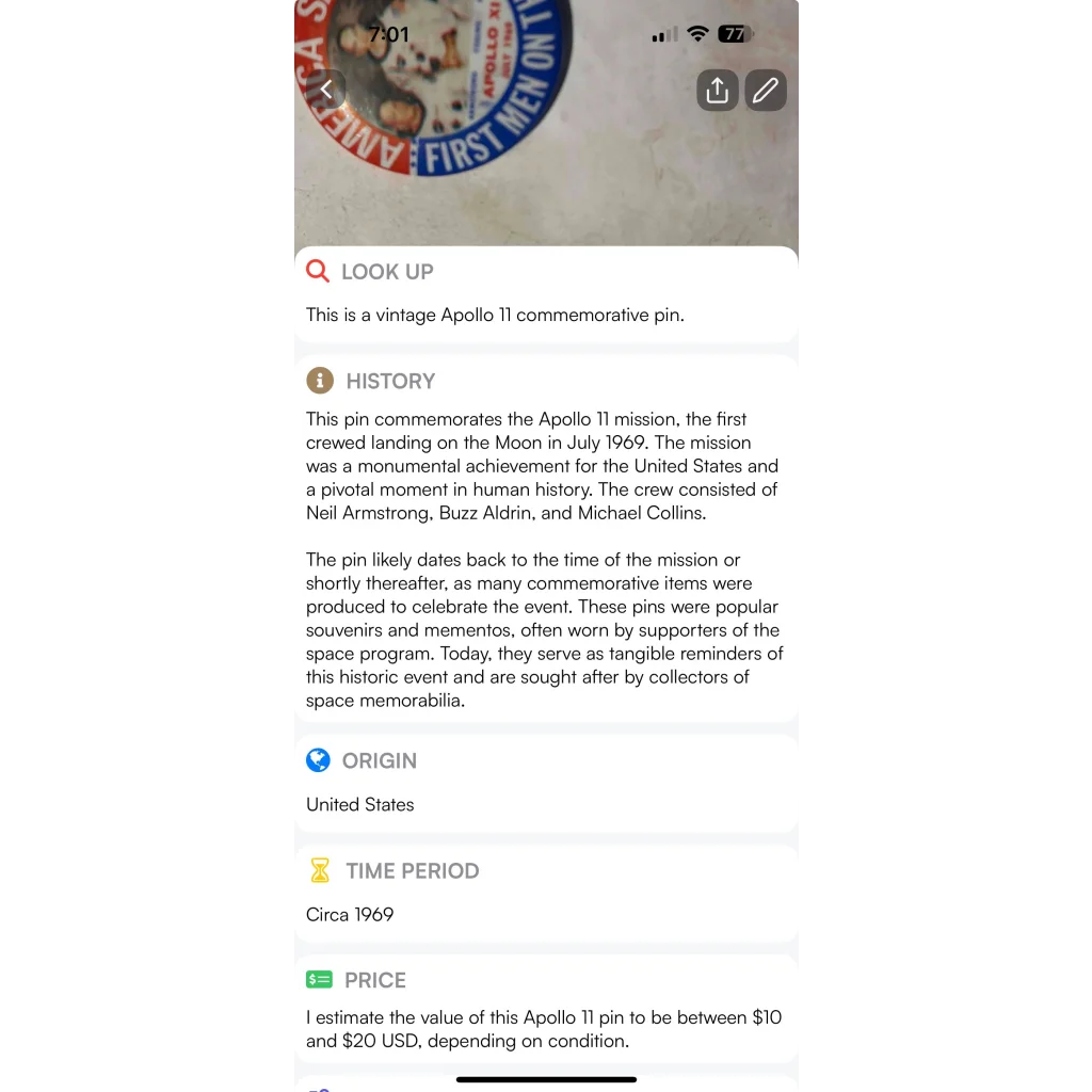 Rare Apollo NASA Moon Pin Captures Historic 1969 Lunar Landing