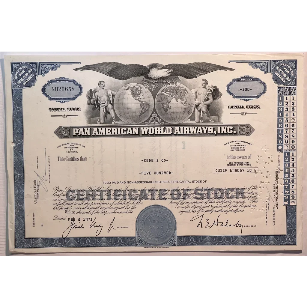 Rare Blue Vintage Pan Am American World Airways Stock Certificate