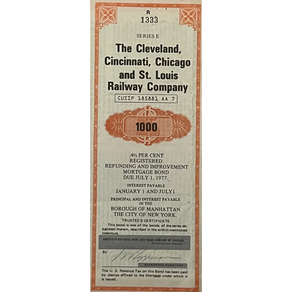 Rare Orange 1927 Cleveland Cincinnati Chicago Railway Bond Certificate
