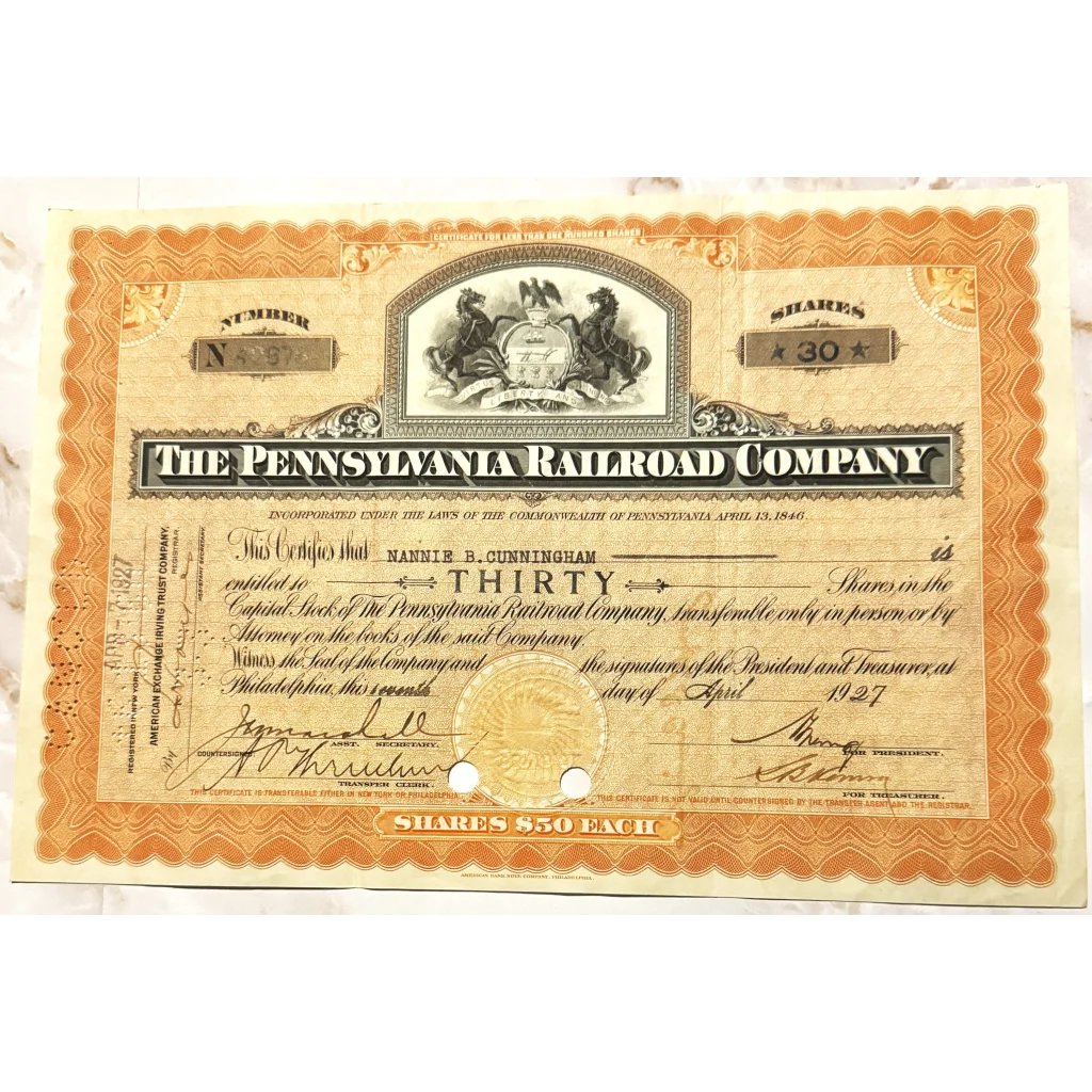 Rare Pennsylvania Railroad Stock Certificate from Early 1900s