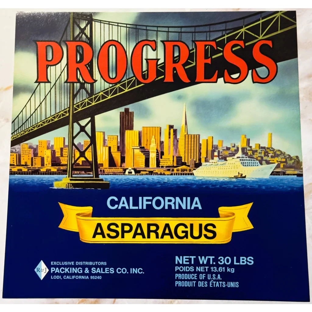 Rare Progress Asparagus Crate Label Showcases 70s California Skyline
