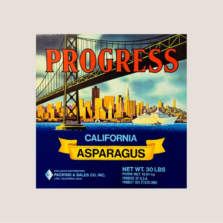 Rare Progress Asparagus Crate Label Showcases 70s California Skyline