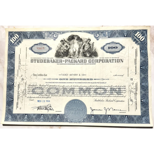 Rare Studebaker-Packard Stock Certificate Blue Beauty from 1950s
