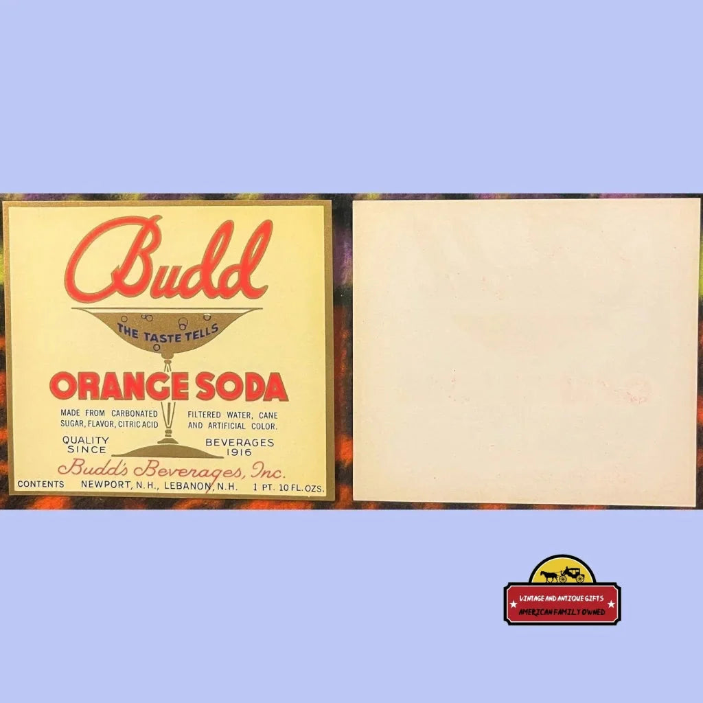 Rare 1920s Antique Vintage Budd Orange Soda Label from New Hampshire