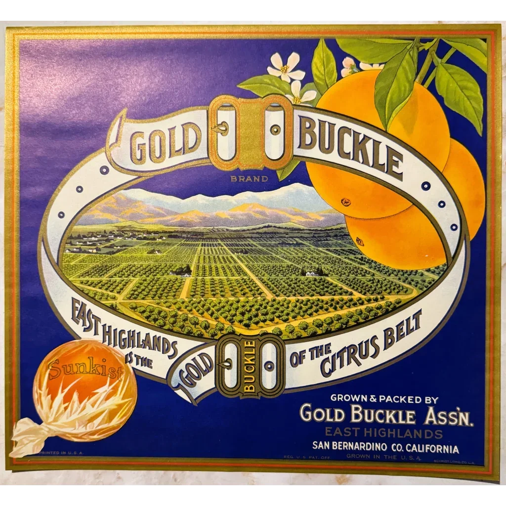 Rare Vintage 1930s Gold Buckle Orange Crate Label from California