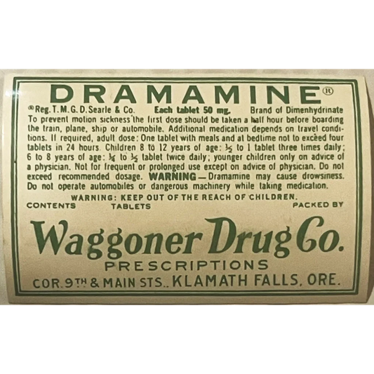 Rare Vintage 1940s Dramamine Label from Waggoner Drug Company