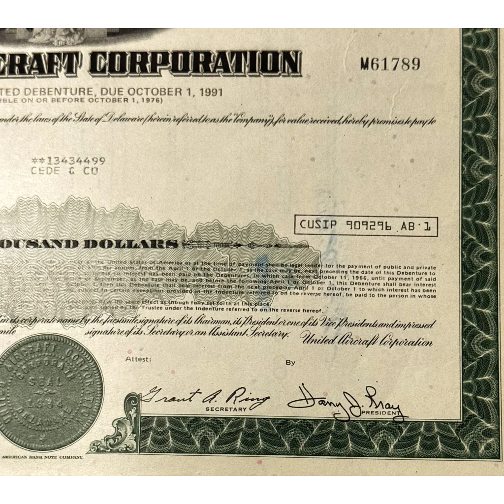 Rare United Aircraft Corporation Stock Certificate from 1960s-70s