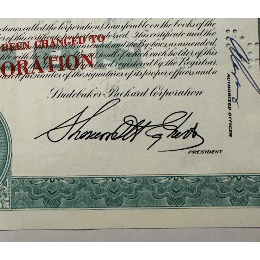 Rare Vintage 1960s Studebaker Packard Stock Certificate Teal Gem