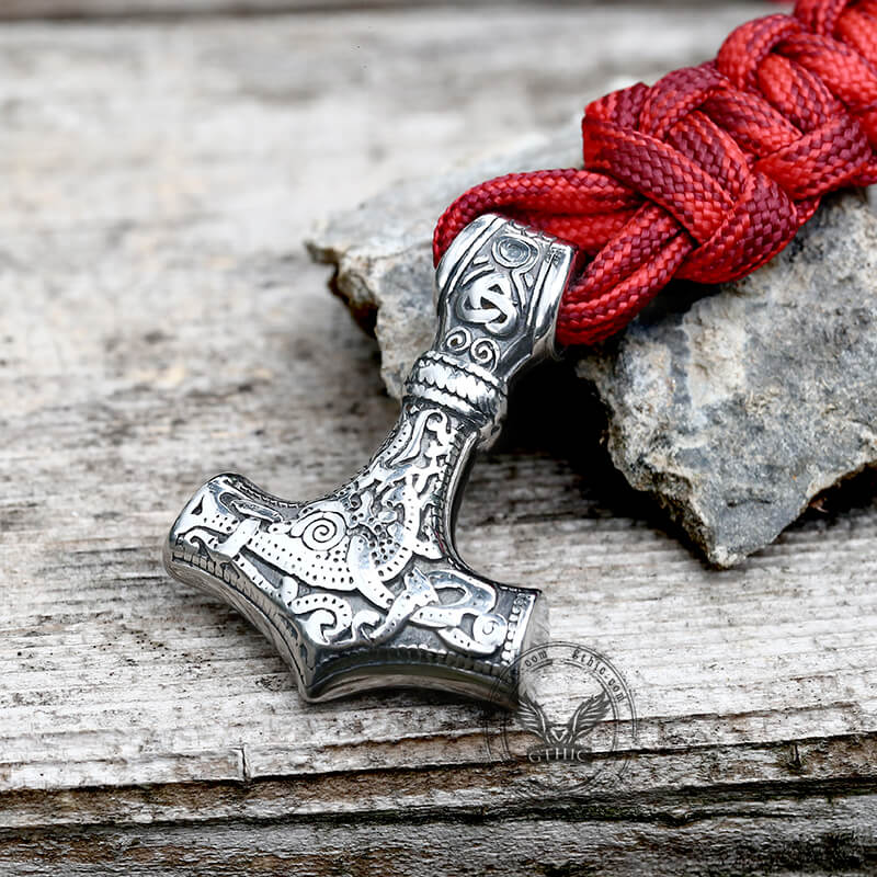 Red Thor’s Hammer Valknut Stainless Steel Paracord Bracelet