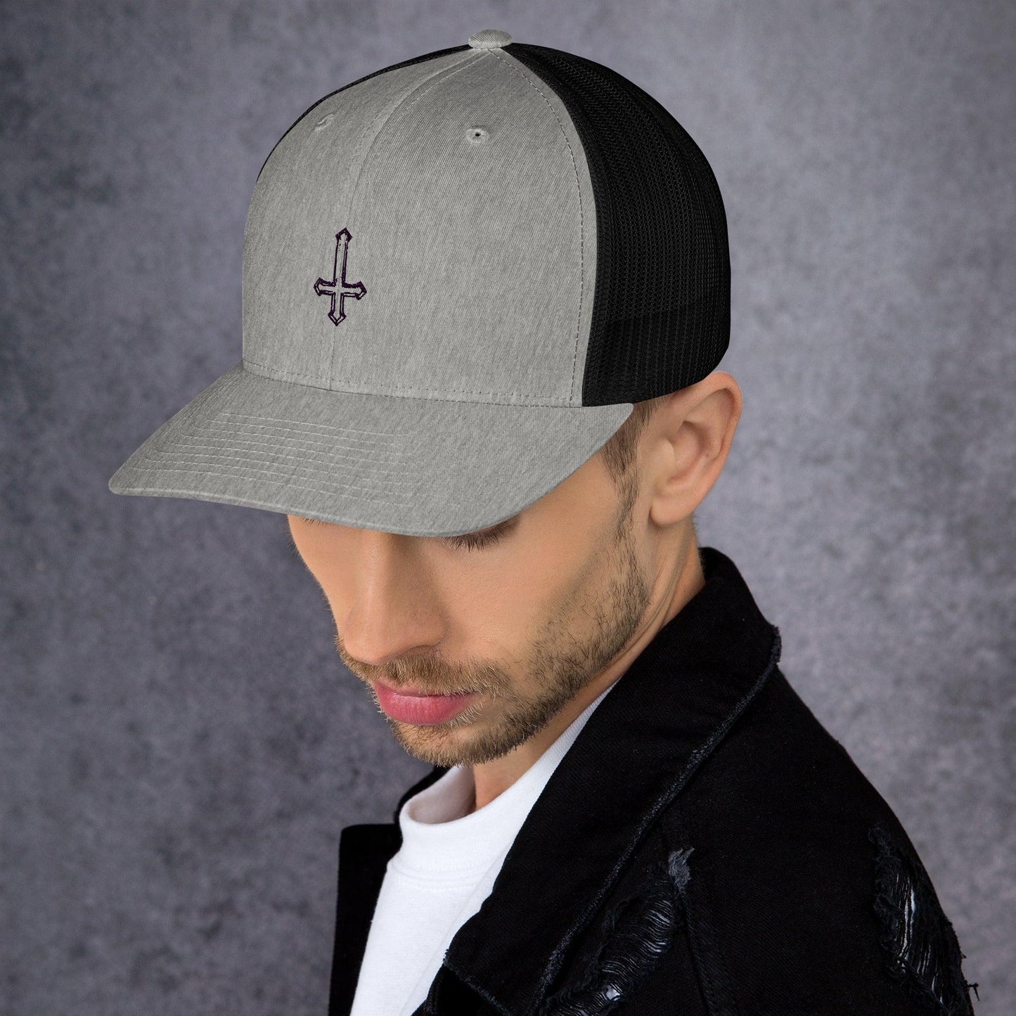 Hand Drawn Sketch Upside-Down Cross Trucker Cap - Lizard Vigilante