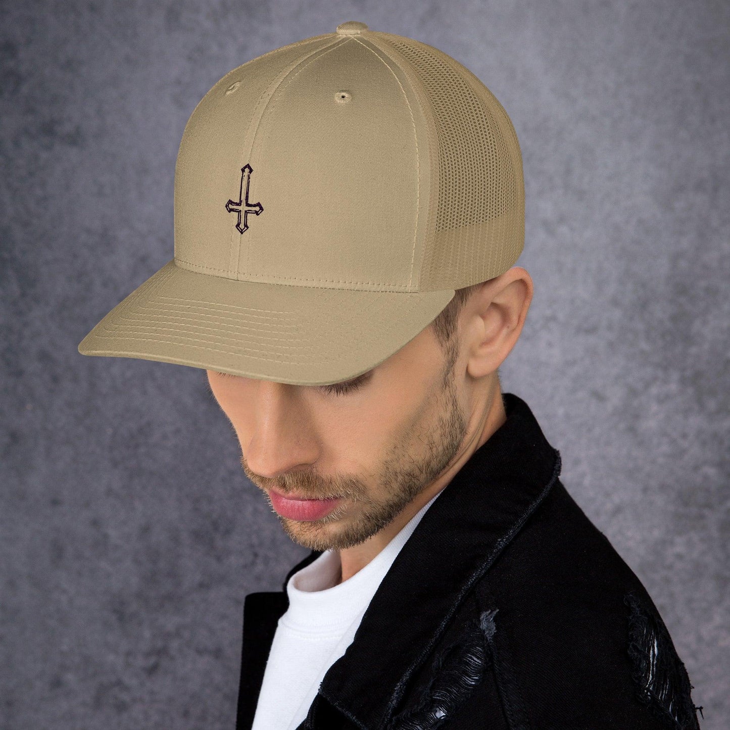 Hand Drawn Sketch Upside-Down Cross Trucker Cap - Lizard Vigilante