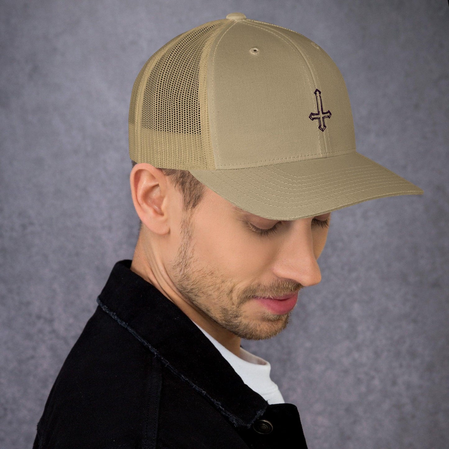 Hand Drawn Sketch Upside-Down Cross Trucker Cap - Lizard Vigilante