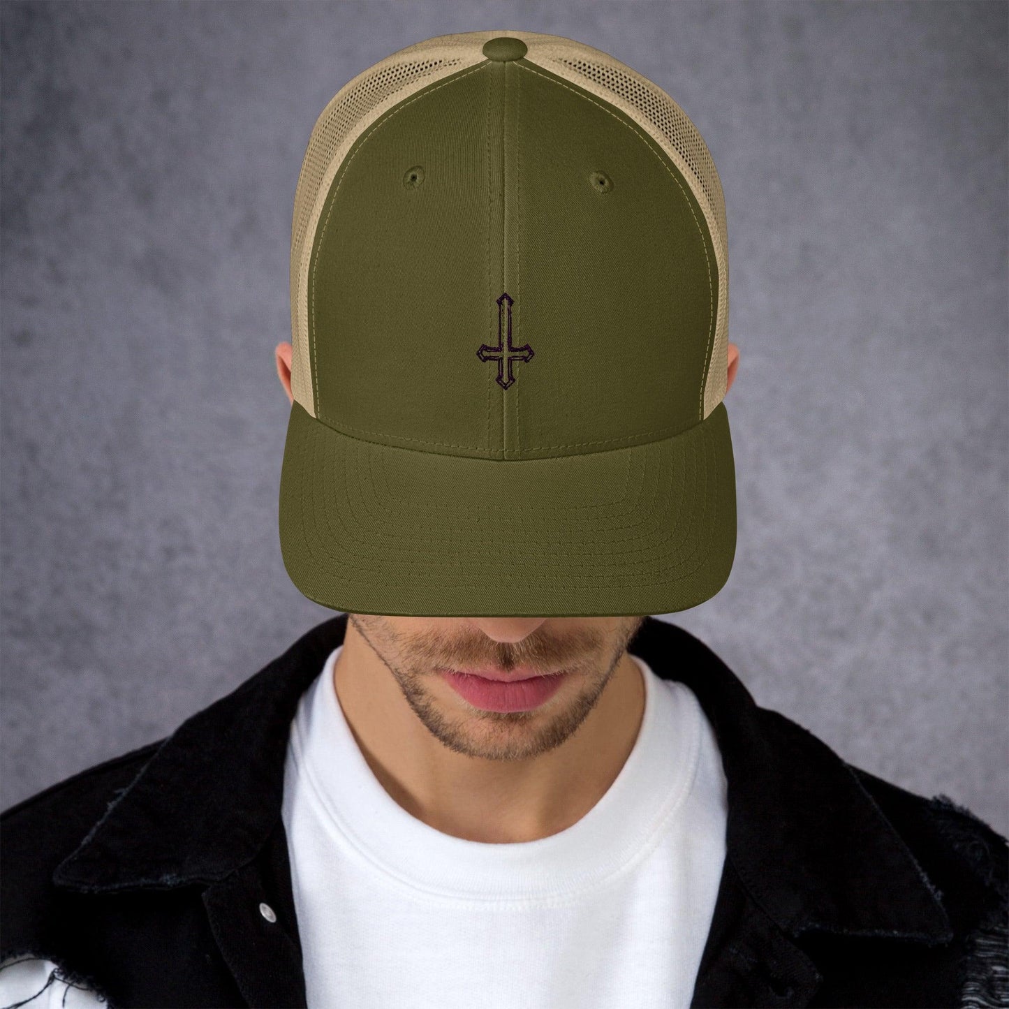 Hand Drawn Sketch Upside-Down Cross Trucker Cap - Lizard Vigilante