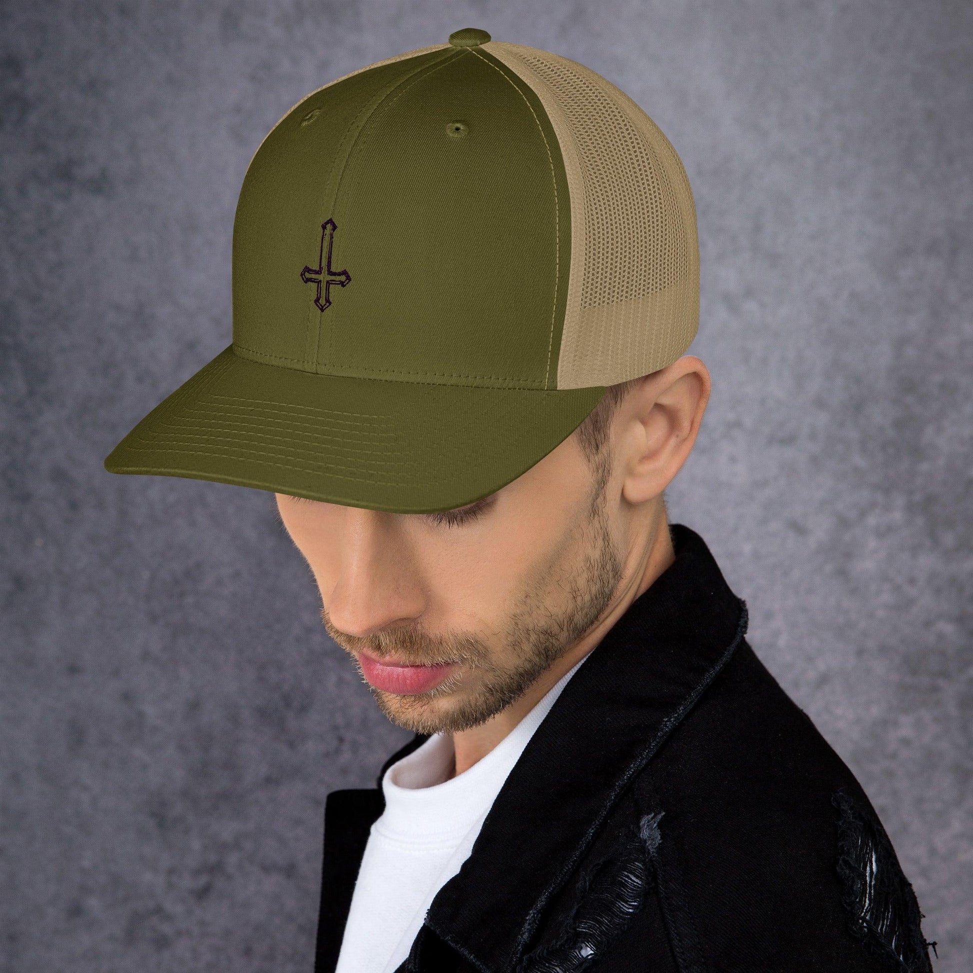 Hand Drawn Sketch Upside-Down Cross Trucker Cap - Lizard Vigilante