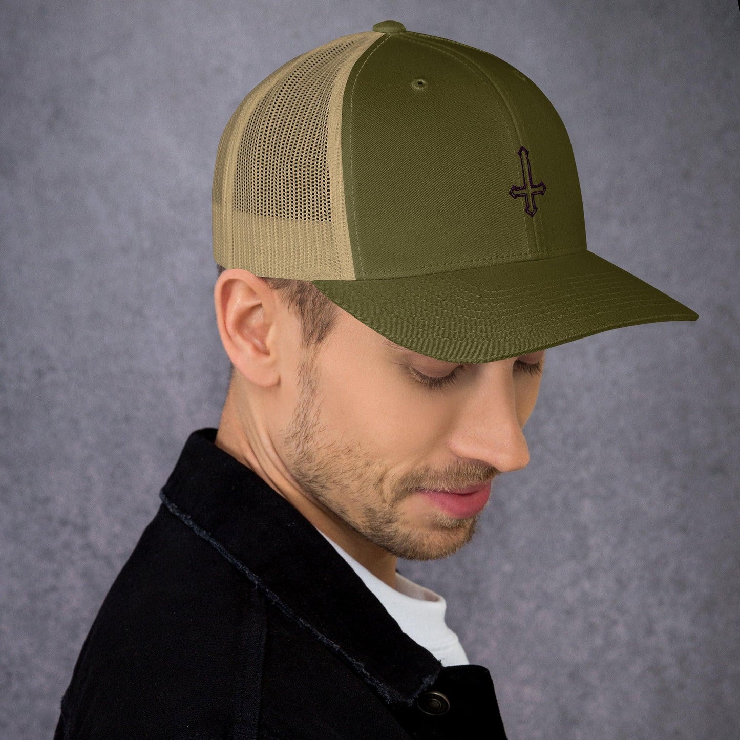 Hand Drawn Sketch Upside-Down Cross Trucker Cap - Lizard Vigilante