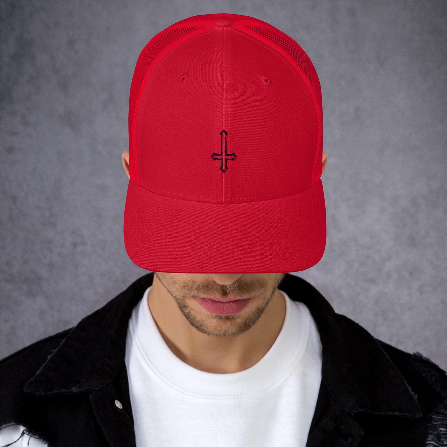 Hand Drawn Sketch Upside-Down Cross Trucker Cap - Lizard Vigilante