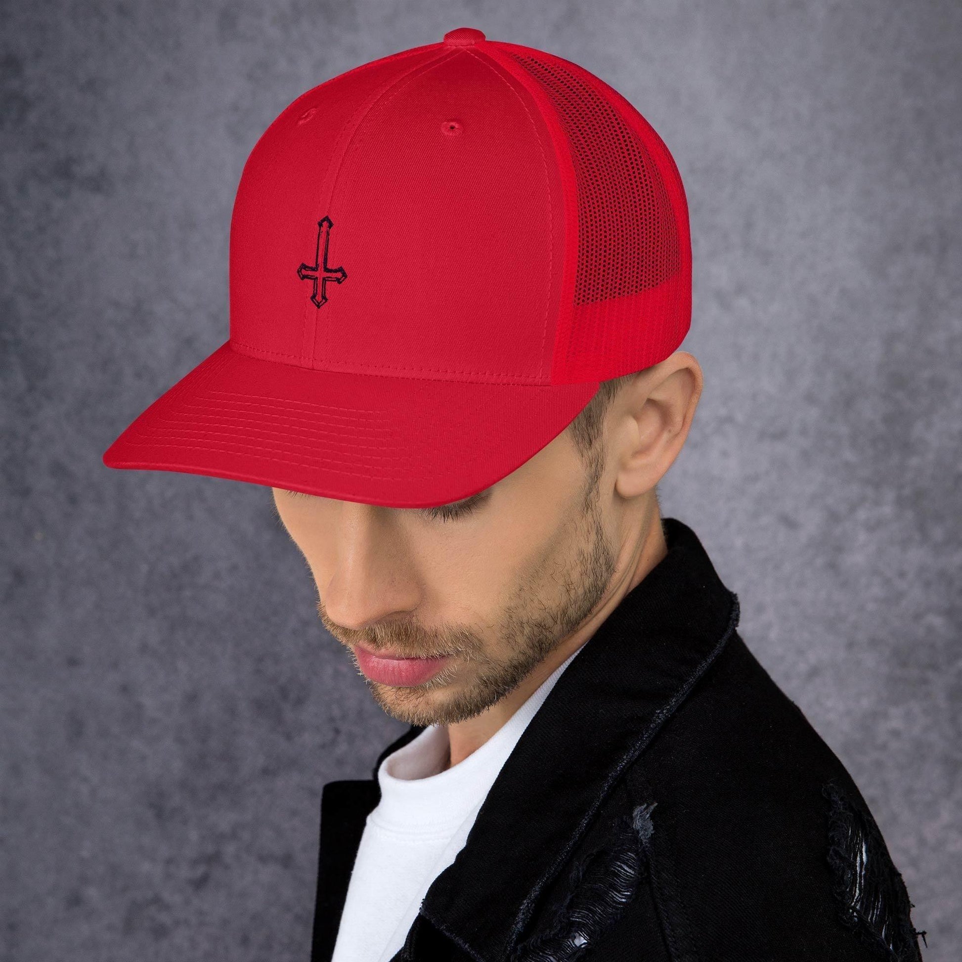 Hand Drawn Sketch Upside-Down Cross Trucker Cap - Lizard Vigilante