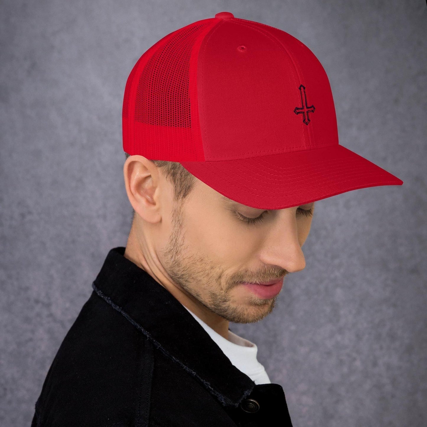 Hand Drawn Sketch Upside-Down Cross Trucker Cap - Lizard Vigilante