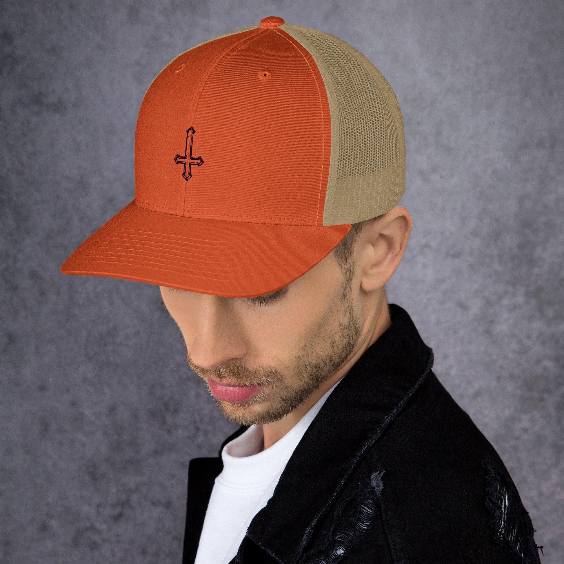 Hand Drawn Sketch Upside-Down Cross Trucker Cap - Lizard Vigilante