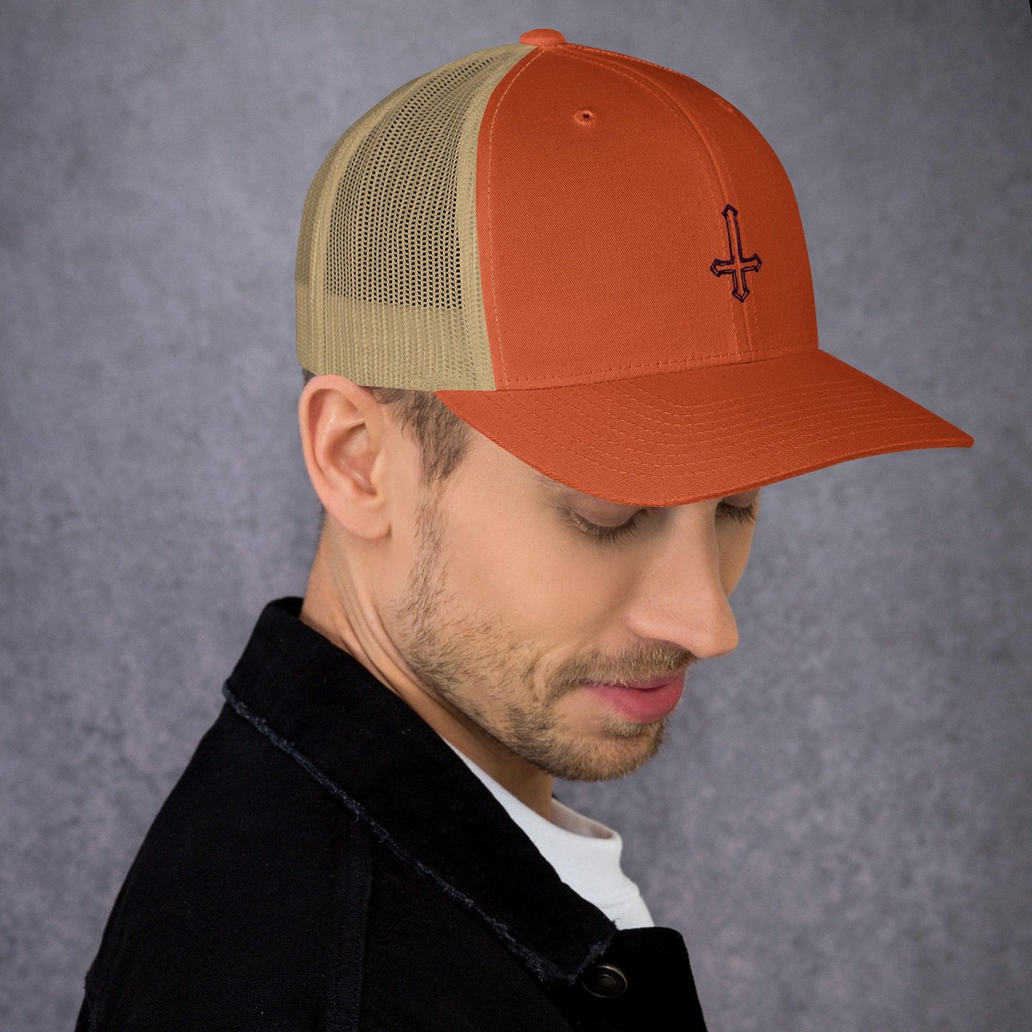 Hand Drawn Sketch Upside-Down Cross Trucker Cap - Lizard Vigilante