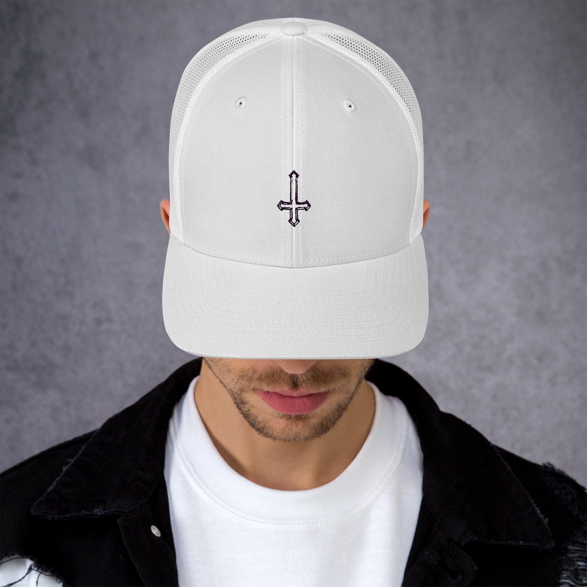 Hand Drawn Sketch Upside-Down Cross Trucker Cap - Lizard Vigilante