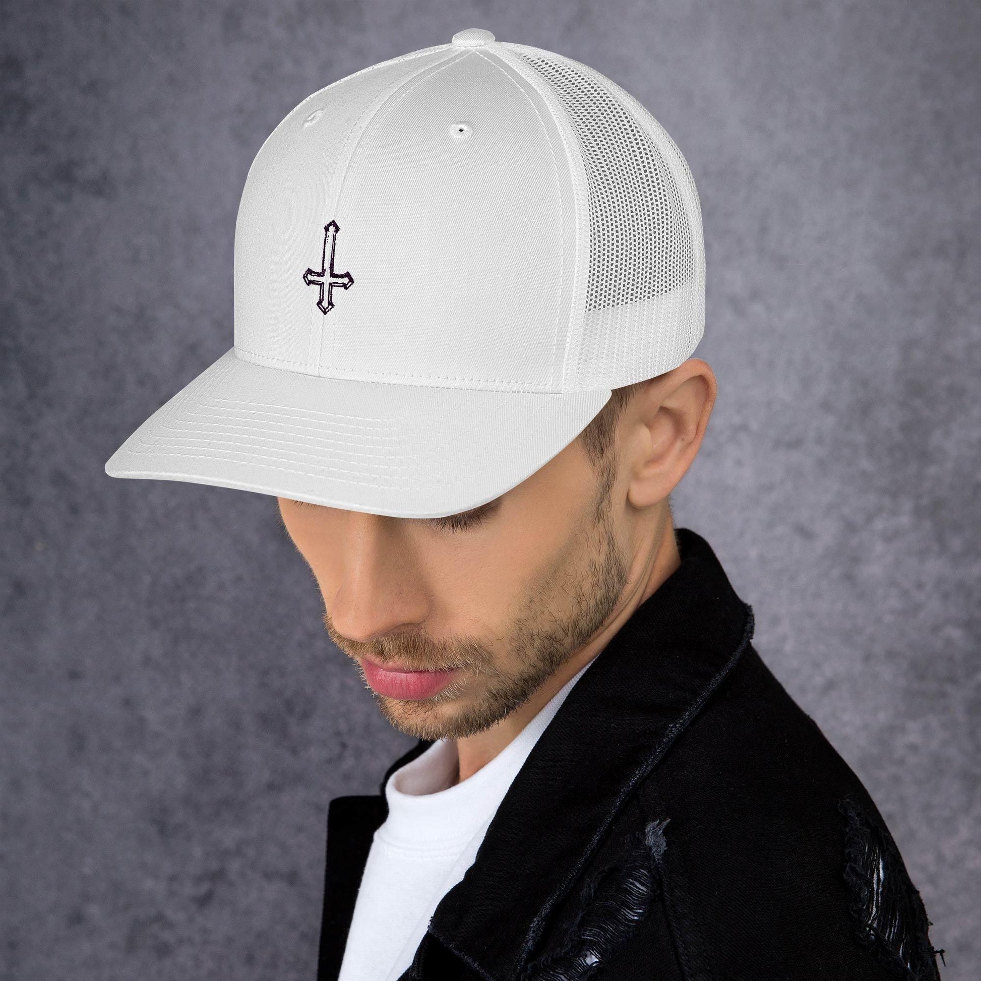 Hand Drawn Sketch Upside-Down Cross Trucker Cap - Lizard Vigilante