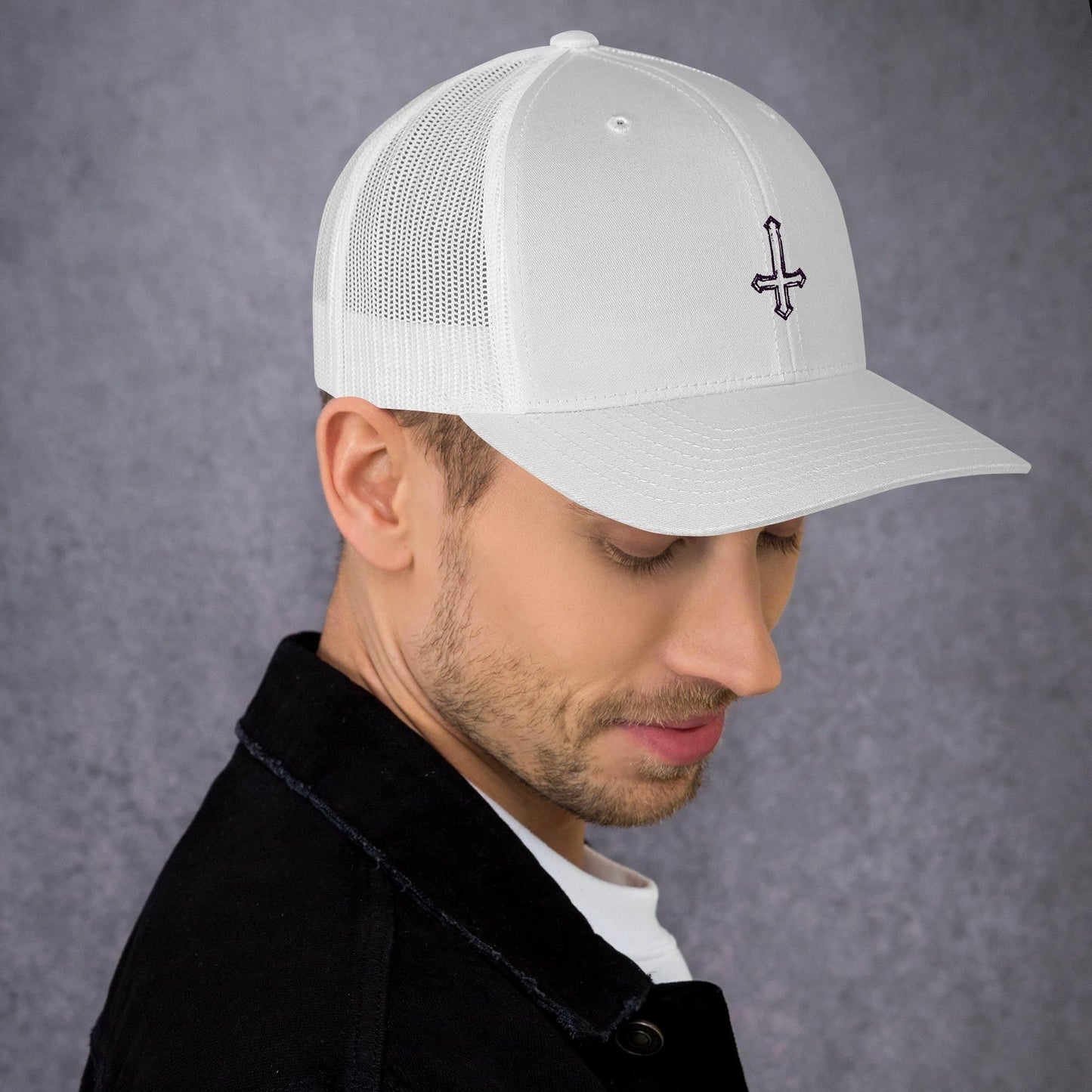 Hand Drawn Sketch Upside-Down Cross Trucker Cap - Lizard Vigilante