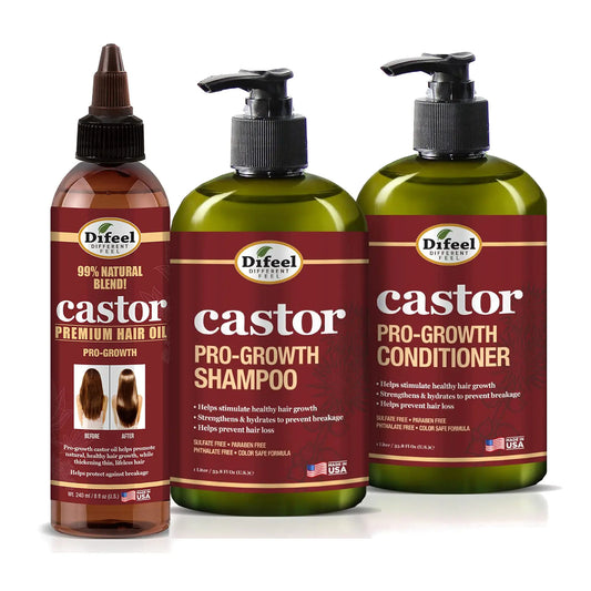 Difeel Pro-Growth Hair Care Set with Castor Oil - 3-PC Style: Shampoo & Conditioner 12oz EACH & Hair Oil 8oz
