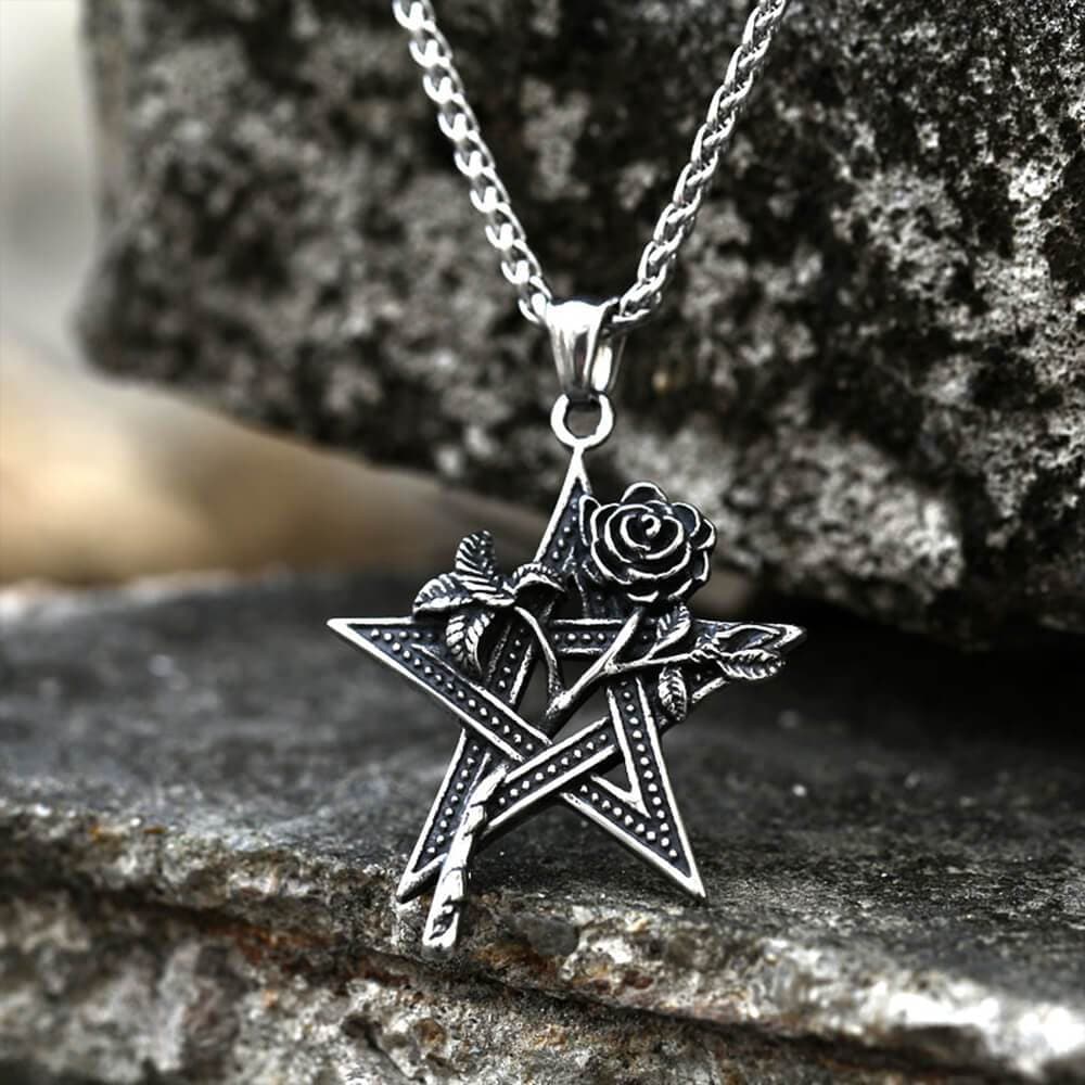 Rose And Pentagram Stainless Steel Pendant