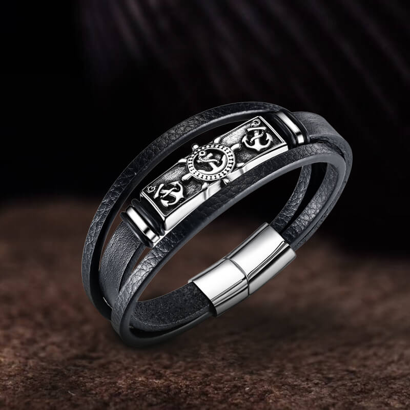 Rudder Anchor Stainless Steel Leather Bracelet